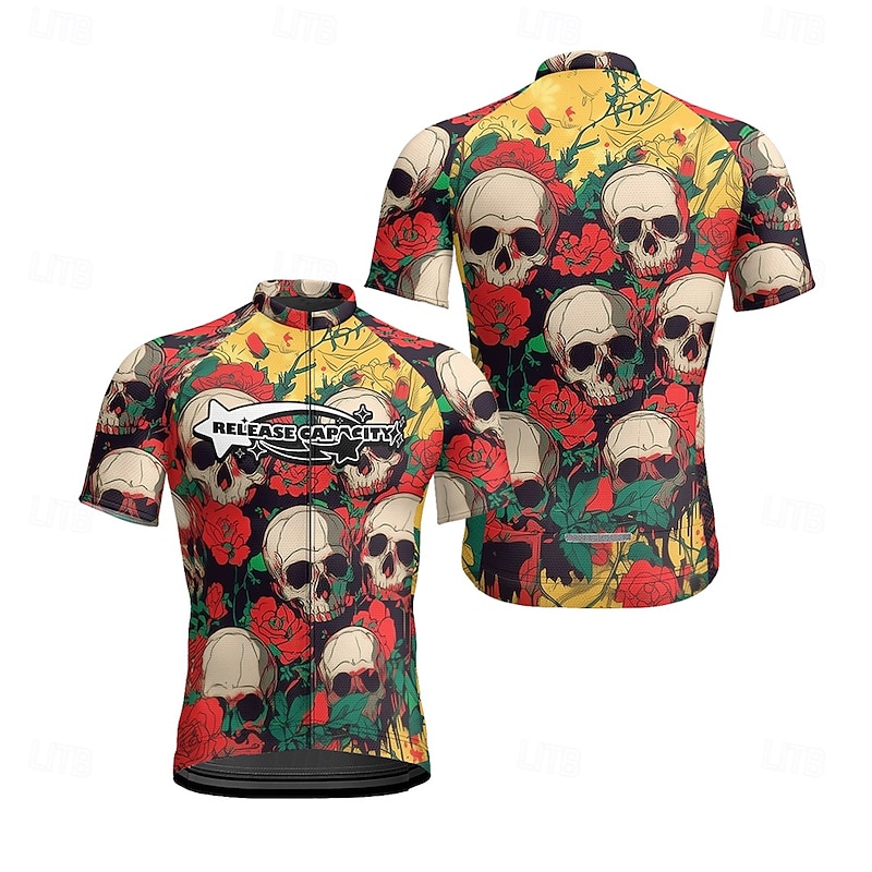 Men's Cycling Jersey Skull Short Sleeve Bike Tee Tshirt Jersey with 3 Rear Pockets Mountain Bike MTB Quick Dry Anatomic Design Wicking Breathable Sports Black Yellow Army Green Clothing Apparel