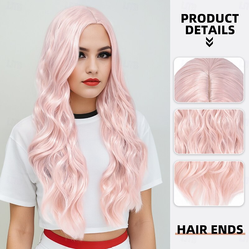 Synthetic Wig Wavy Curly Weave Layered Haircut With Bangs Machine Made Wig Pink 28 inch A1 Synthetic Hair Women's Classic Comfortable Color Gradient Pink2