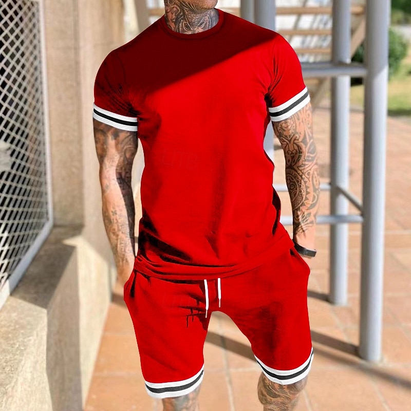 Men's Workout Set Tracksuit T shirt & Shorts Set Outfit Set Crew Neck Outdoor Daily Sports Pocket Drawstring 2 Piece Color Block Black Red Light Grey Polyester Activewear Classic Casual Summer