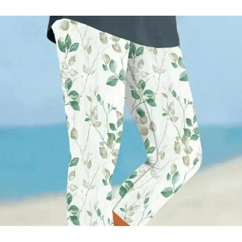 Women's Leggings Capri Pants High Elasticity Vacation Fashion Hawaiian Ankle-Length Mid Waist Floral Printing Thermal Warm Breathable Soft  Vacation Casual Daily Apple Green Summer Spring Regular Fit3