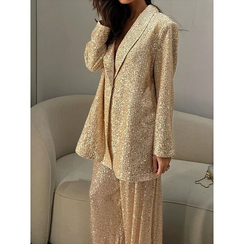 Women's 2 Pieces Suits Formal Wedding Wedding Guest Sequin Elegant Vintage Glittering Long Sleeve Floor Length Notched Lapels2