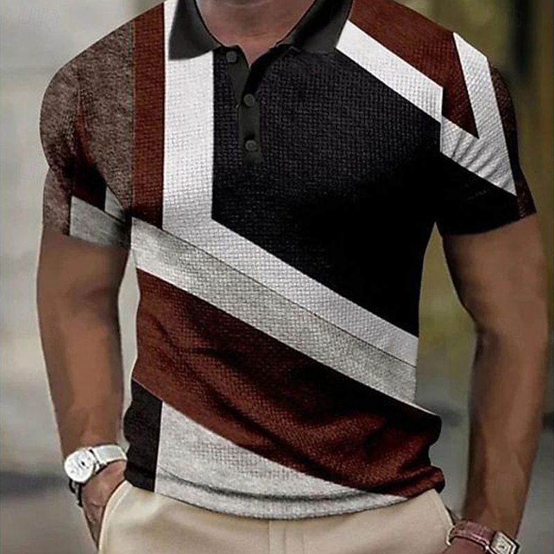 Men's Geometic Line Waffle Polo Shirts Short Sleeve Polo Shirts Collared Shirts Business Casual Business Athleisure Wear to work Daily Wear Buttons 3D Print Summer Black