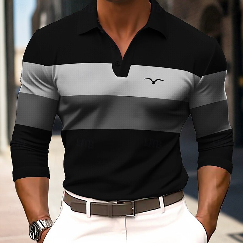 Men's Striped Rugby Polo Shirts Long Sleeve Polo Shirts Collared Shirts Business Casual School Athleisure Daily Wear 3D Print Spring Fall Winter Black Dark Blue Drak Red2