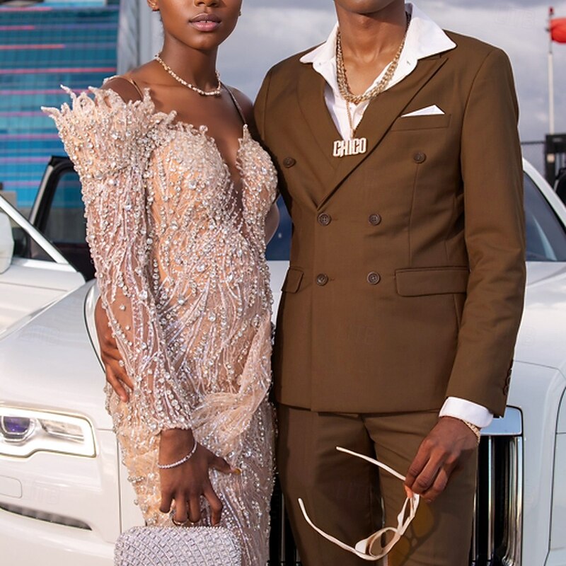 Men's Party Prom Party Suits Brown Fashion Formal Solid Colored Standard Fit 2 Piece Double Breasted Six-buttons2