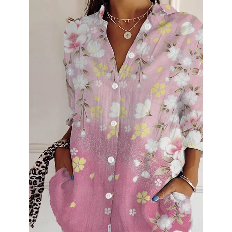 Women's Shirt Button Down Tunic Shirt Collar Long Sleeve Ombre Floral Graphic Daily Stylish Retro Vintage Regular Tops Daily Holiday Going out s Pink Spring2