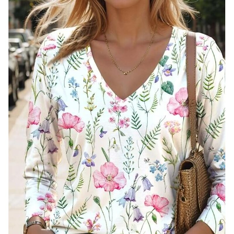 Women's T Shirt V Neck Long Sleeve Tunic Floral Fashion Modern Casual Regular Tops Daily Weekend Print Black White Pink Blue Green Fall Winter2