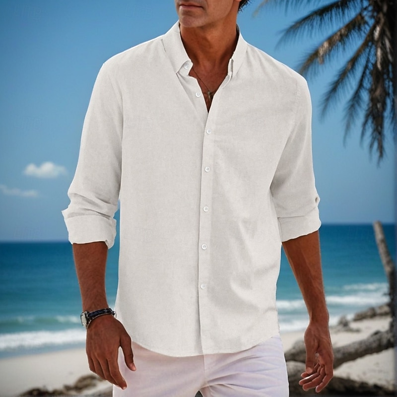 Men's Classic Beach T Shirt Casual Shirt Standard Fit Long Sleeve Lapel Solid Color Cotton Linen White Beige Grey 2025