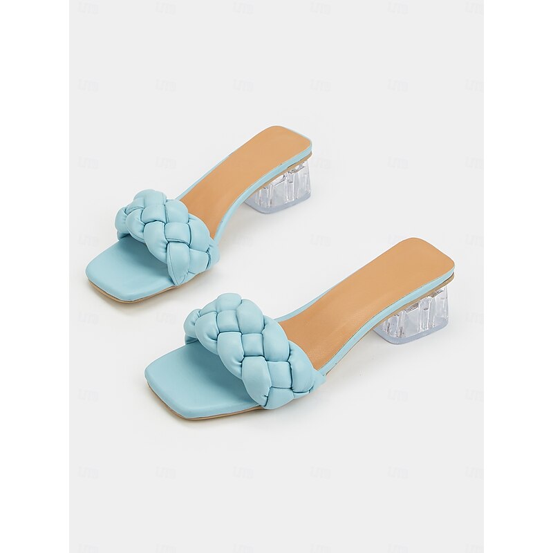 Women's Light Blue Braided Strap Heeled Mules – Trendy Square Toe Summer Sandals3