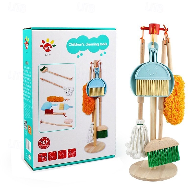 Kid's Play House Simulation Cleaning Set Early Education Wooden Broom Wweeping and Mopping Cleaning Tools Toys