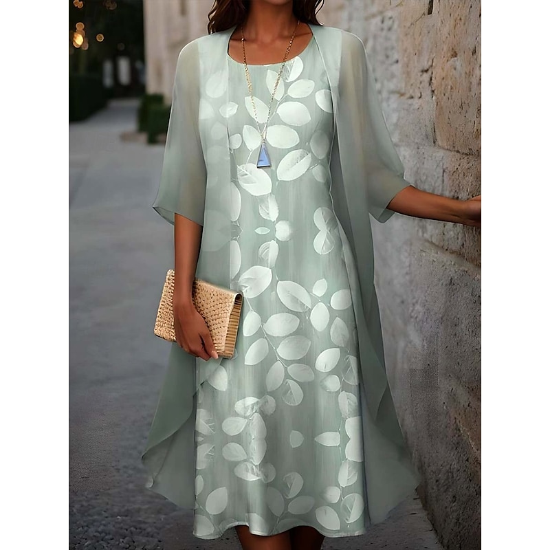 Women's Graduation Dress Midi Dress Chiffon Dress Shift Dress Elegant Vacation Birthday Formal Wedding Wedding Guest Loose Fit Floral Half Sleeve Crew Neck Green Summer Spring Fall