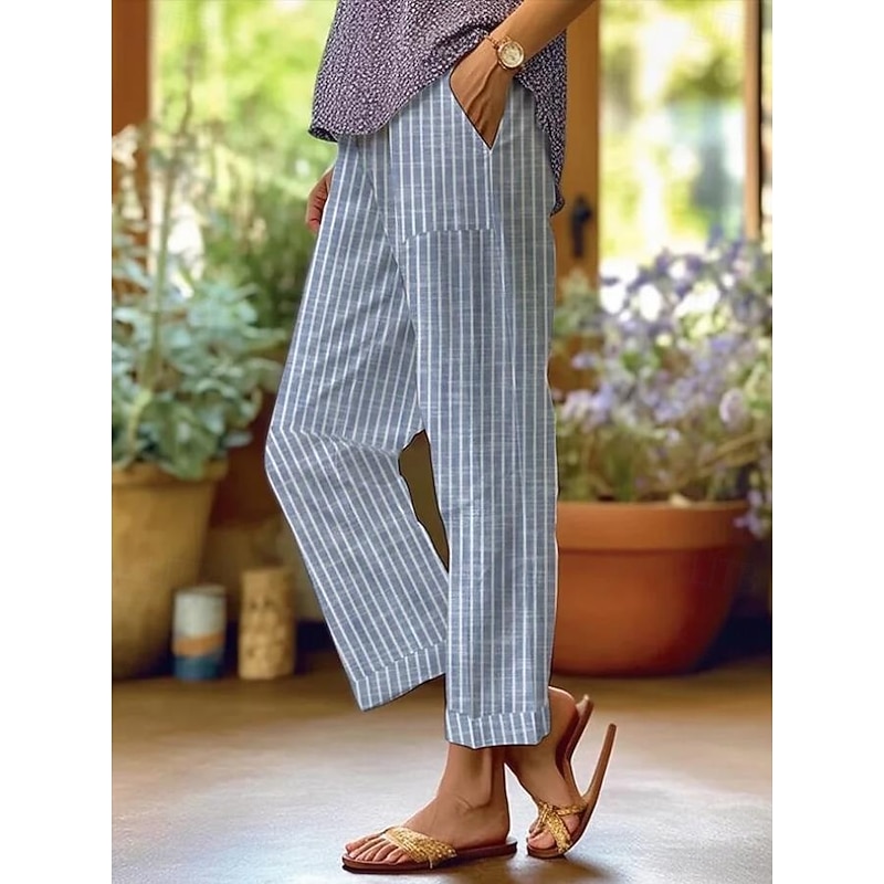 Women's Cotton Linen Pants Baggy Pants Linen Like Fashion Streetwear Full Length High Waist Graphic Geometric Printing Thermal Warm Breathable Soft Micro-elastic Outdoor Daily