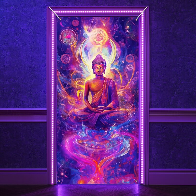 Blacklight Door Decorations Door Covers Glow in the Dark Buddha Mandala Door Tapestry Door Curtain Decoration Backdrop Indoor/Outdoor Door Banner for Front Door Farmhouse