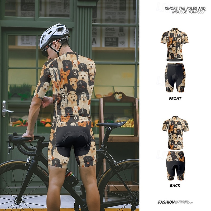 Men's Cycling Jersey with Shorts Dog Short Sleeve Bike Clothing Suit with 3 Rear Pockets Mountain Bike MTB Road Bike Cycling Front Zipper Sweat wicking Comfortable Breathable Sports Black Yellow Dark