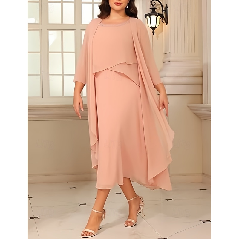 Two Piece A-Line Mother of the Bride Dress Elegant Vintage Jewel Neck Tea Length Chiffon 3/4 Length Sleeve with Beading