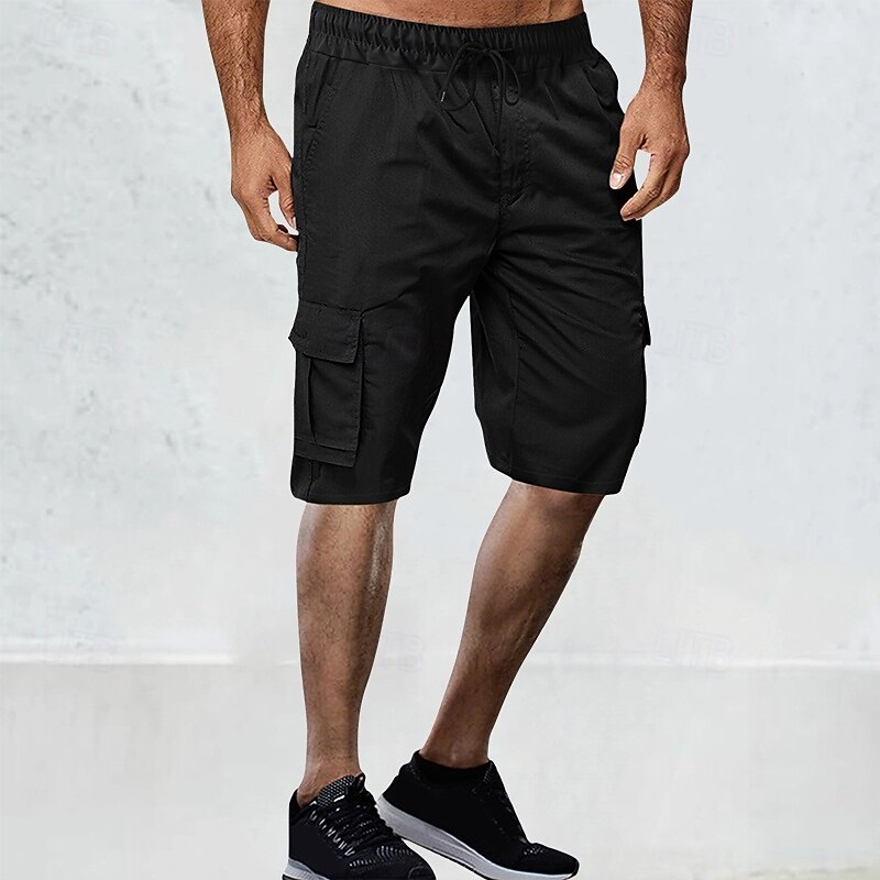 Men's Cargo Shorts Shorts Bermuda shorts Drawstring Elastic Waist Multi Pocket Plain Breathable Moisture Wicking Knee Length Outdoor Casual Running Fashion Streetwear Black Green Micro-elastic3