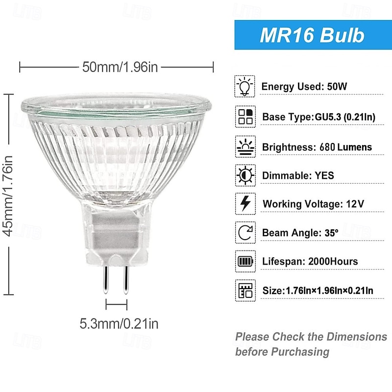 MR16 Halogen Bulb 50W 12V Dimmable – GU5.3 Bi-Pin Base Spotlight 2700K Warm White for Landscape and Track Lighting 10pcs2