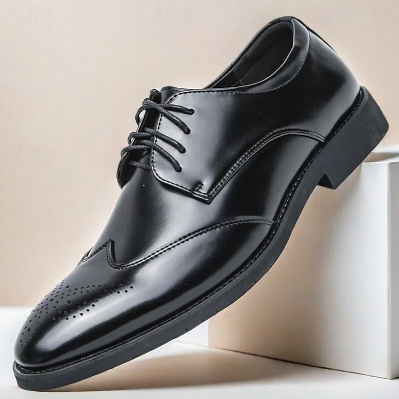 Men's Dark Brown Faux Leather Brogue Shoes - Classic Sophisticated Style for Business, Office, and Formal Occasions - Comfortable and Versatile Men's Footwear