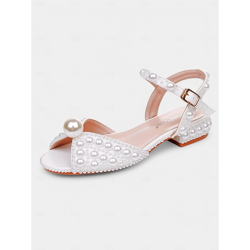 Women's White Pearl-Embellished Low Heel Sandals – Elegant Open-Toe Wedding & Prom Shoes4