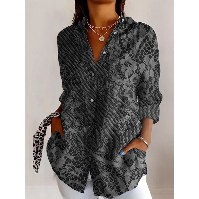 Women's Shirt Button Down Tunic Shirt Collar Long Sleeve 3D Print Floral Graphic Daily Stylish Retro Vintage Regular Tops Daily Holiday Going out s Black Spring
