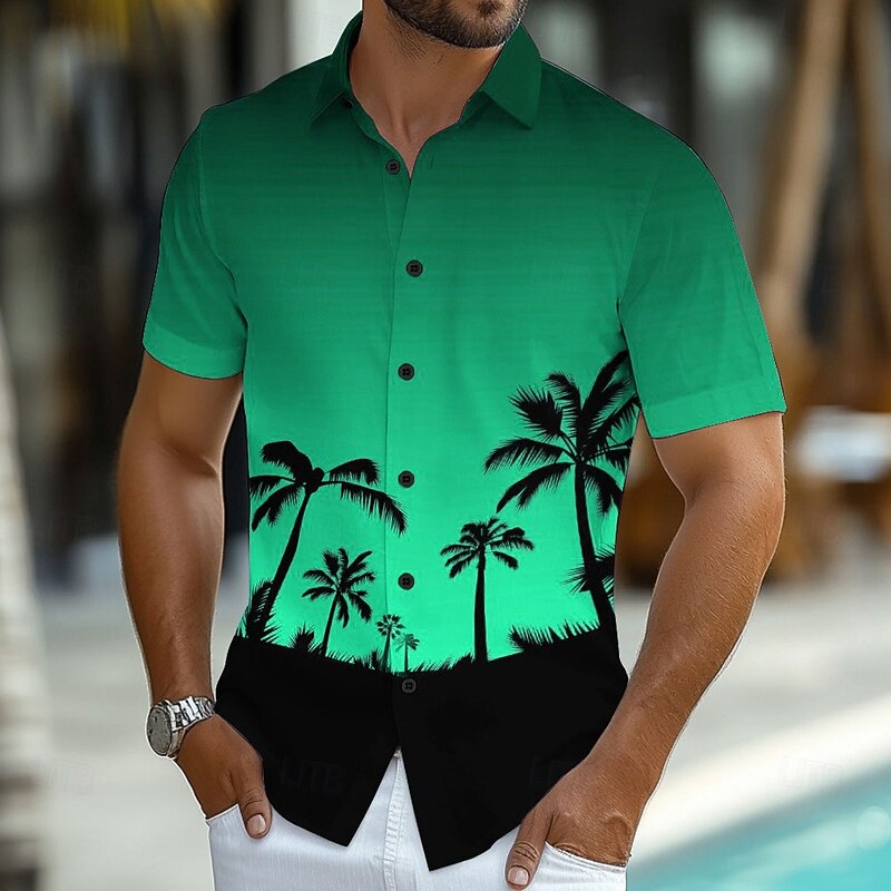 Men's Coconut Tree Tropical Plants Summer Hawaiian Shirt Button Up Shirt Aloha Shirt Short Sleeve Hawaiian Resort Vacation Holiday Beach Wear Summer Spring Turndown Collared Shirts Yellow Blue Green2