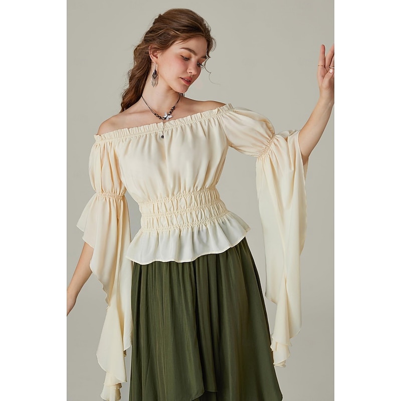 Retro Vintage Medieval Renaissance Blouse / Shirt Ruffle Sleeve Viking Elven Off Shoulder Solid Color Fancy Dress Women's Celtic Pirate Fantasy Halloween Carnival Vacation Casual Daily LARP Adults'2