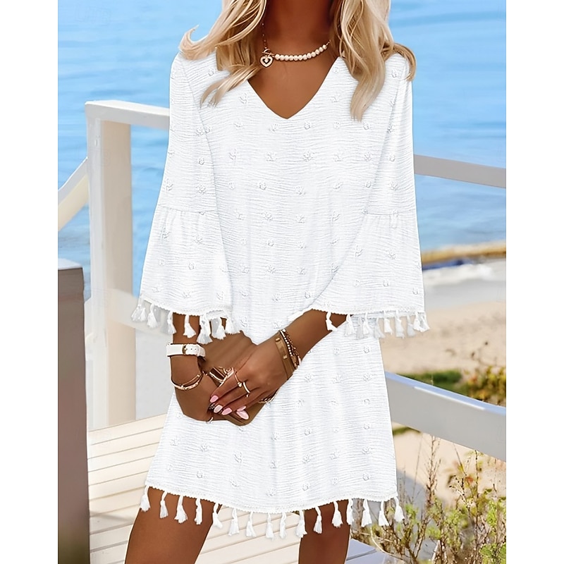 Women's Mini Dress Fringe Dress Elegant Dress Elegant Bell Sleeve Regular Fit Solid Color 3/4 Length Sleeve V Neck White Pink Orange Green Fall - Main Image