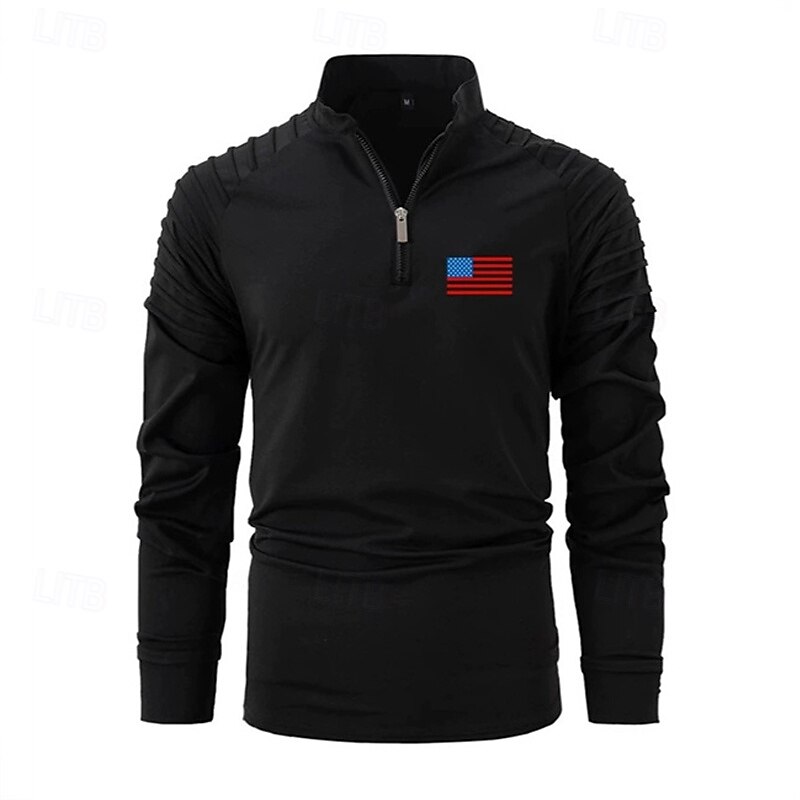 Men's T Shirt Henley Shirt Tee Tee Top Long Sleeve Quarter Zip Spring Fall American US Flag Fashion Designer Basic Ruched Vacation Street Going out Black White Pink Top Tee for Men2