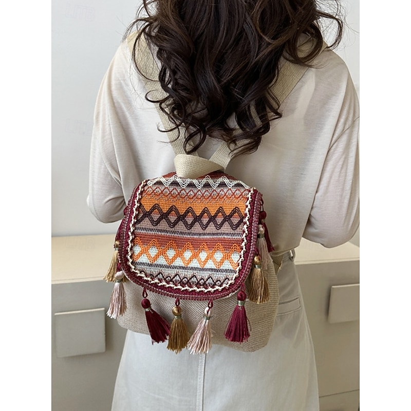 Bohemian Tassel Backpack with Embroidered Design – Stylish Women's Canvas Backpack for Casual, Travel and Festival Wear4