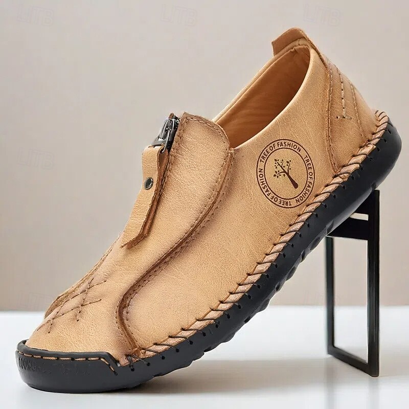 Men's Handmade Faux Leather Casual Loafers – Vintage Slip-On Shoes with Side Zipper & Soft Sole for Everyday Wear