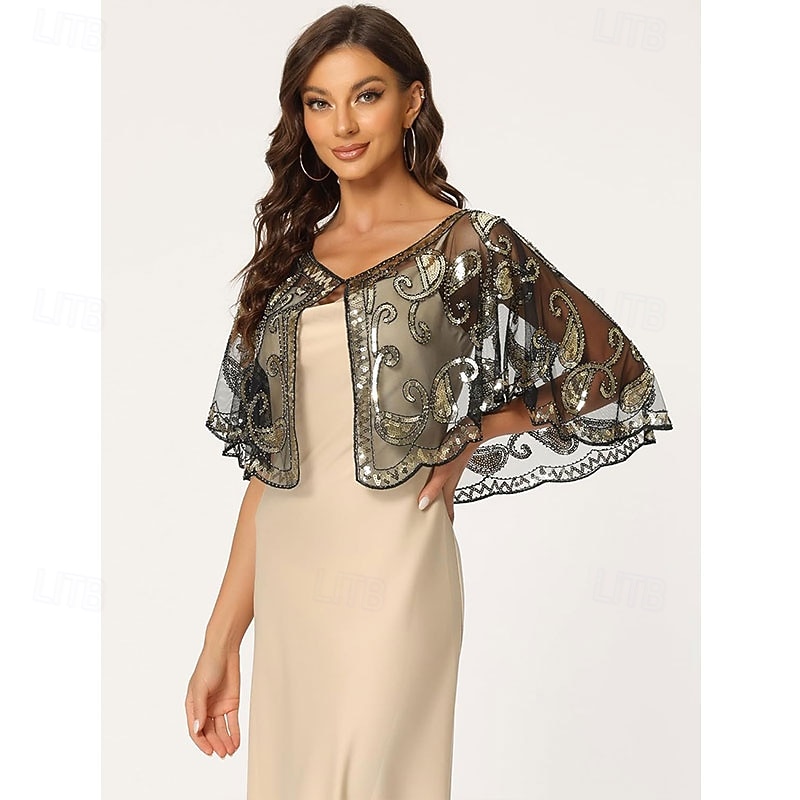 Women's 1920s Shawl Wraps Sequin Beaded Bridal Cover Up Evening Cape Flapper Bolero3