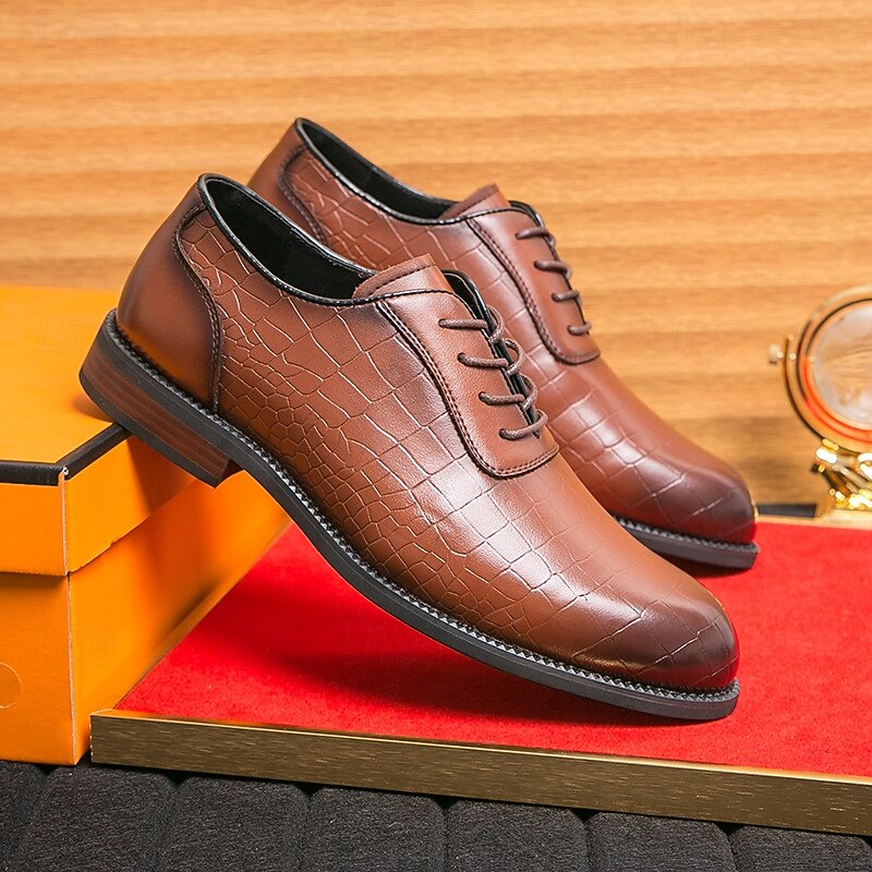 Men's Brown Faux Leather Crocodile-Embossed Oxford Shoes - Stylish & Sophisticated for Casual & Formal Wear3