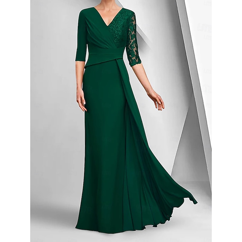 A-Line Dress Mother of the Bride Dress Elegant Bateau Neck Ankle Length Stretch Fabric Half Sleeve with Lace Tier Solid Color3