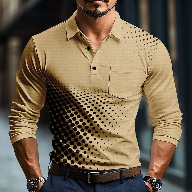 Men's Geometric Polo Long Sleeve Polo Shirts Collared Shirts Business Casual Business Athleisure Daily Wear Buttons 3D Print Spring Fall Winter White Blue Brown3