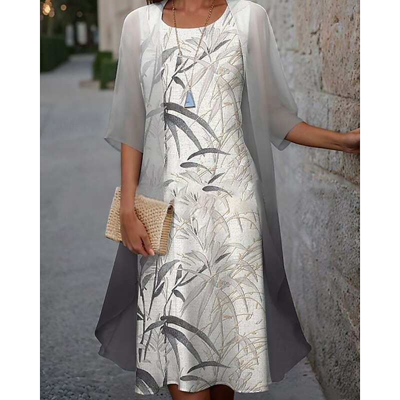 Women's Fashion Streetwear Skirt Sets 3/4 Length Sleeve Bell Sleeve Crew Neck Plant Lace Print Daily Wear Date Blue Green Gray Spring Regular Fit2