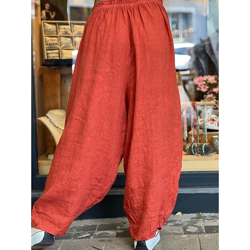 Women's Cotton Linen Pants Chinos Fashion Basic Full Length Medium Waist Plain Pocket Drawstring Comfort Outdoor Micro-elastic Vacation Street Daily Black Orange Khaki Summer Spring Regular Fit2