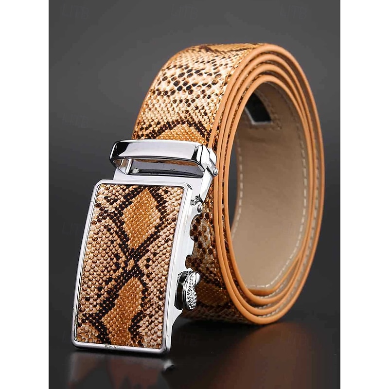 Men's Stylish Snake Print Belt with Automatic Buckle, Durable Genuine Leather, Casual and Business Fashion Accessory