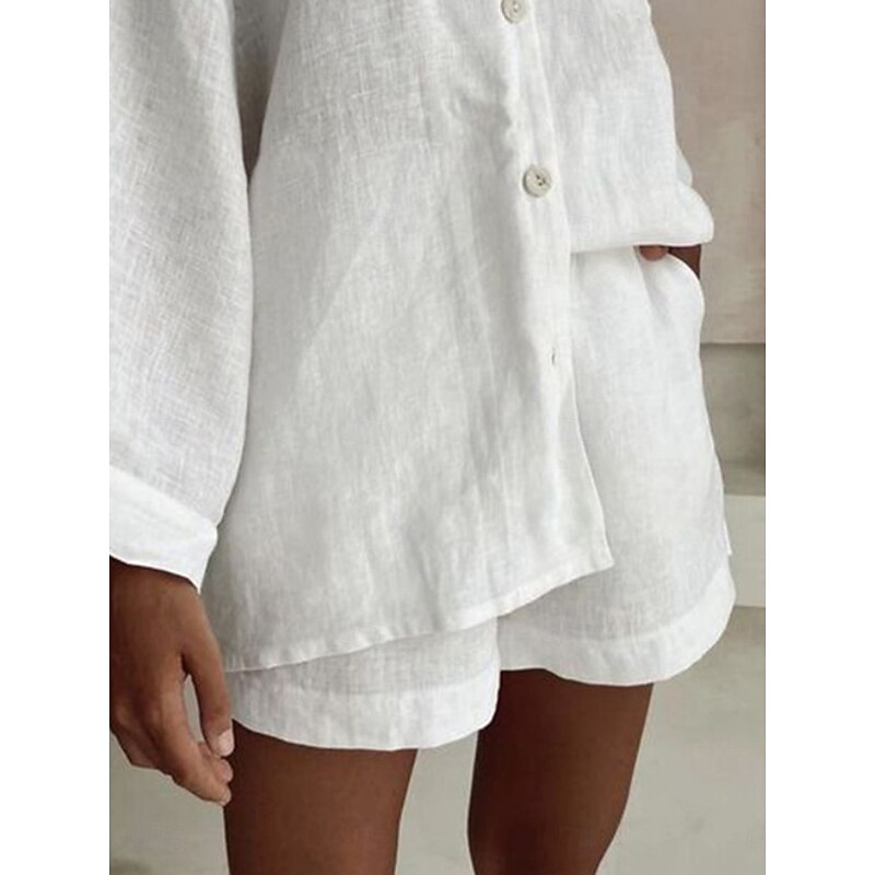 Women's Fashion Streetwear Daily Shirt Linen-Inspired Sets Two Piece Sets Baggy Shorts Long Sleeve V Neck Plain Casual Daily Black White Blue Summer Regular Fit3
