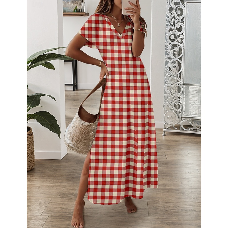 Women's Maxi Dress Casual Dress Sundress A Line Dress Stylish Casual Vacation Daily Regular Fit Plaid Short Sleeve V Neck Red Spring Fall