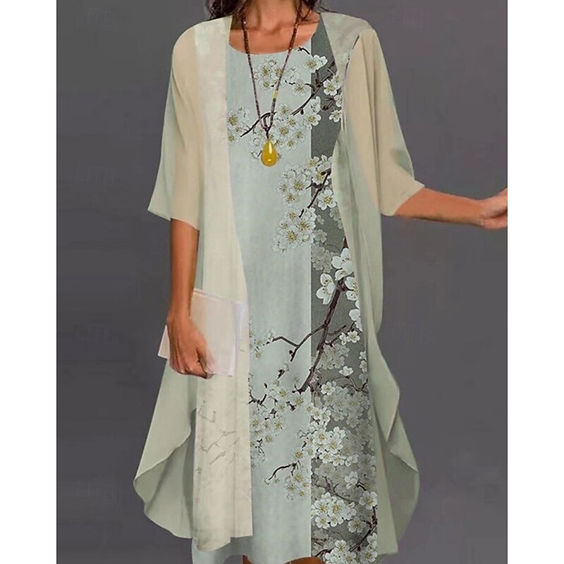 Women's Fashion Streetwear Skirt Sets 3/4 Length Sleeve Crew Neck Printing Print Daily Wear Date Light Green Purple Green Spring Regular Fit3