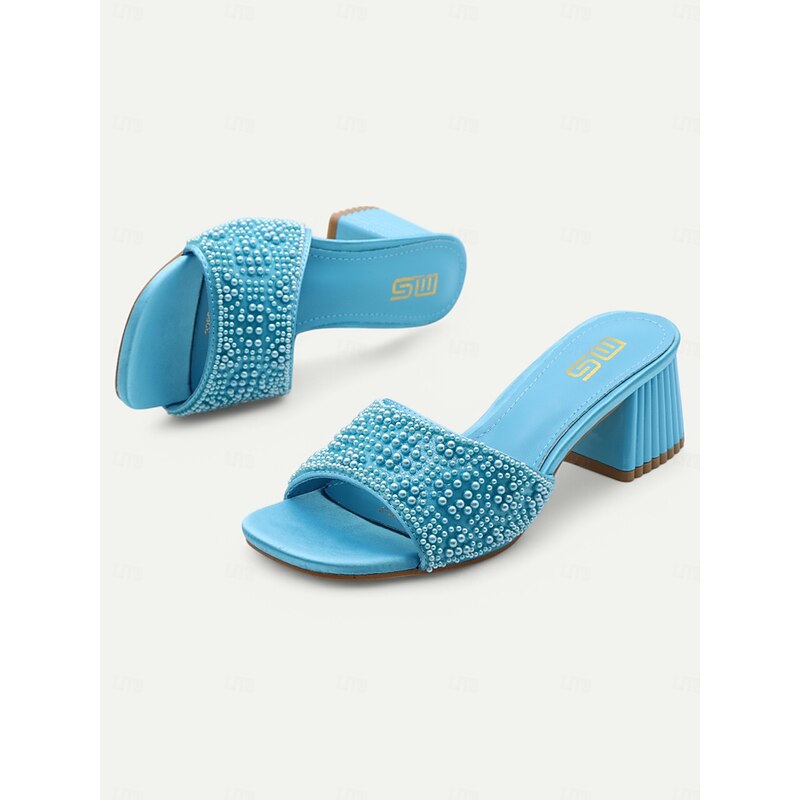 Women's Light Blue Pearl-Embellished Block Heel Mules – Elegant Open-Toe Slip-On Sandals for Summer Parties & Evening Wear