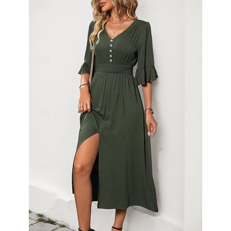 Women's Midi Dress Casual Dress A Line Dress Basic Casual Vacation Daily Regular Fit Plain Half Sleeve V Neck Green Summer4