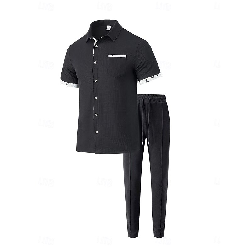 Men's T-shirt Suits Shirt and Pant Sets 2 Pieces Outfits Short Sleeve Lapel Summer Color Block Fashion Casual 2 Piece Vacation Daily Wear Going out Black White Wine Top Tee for Men3