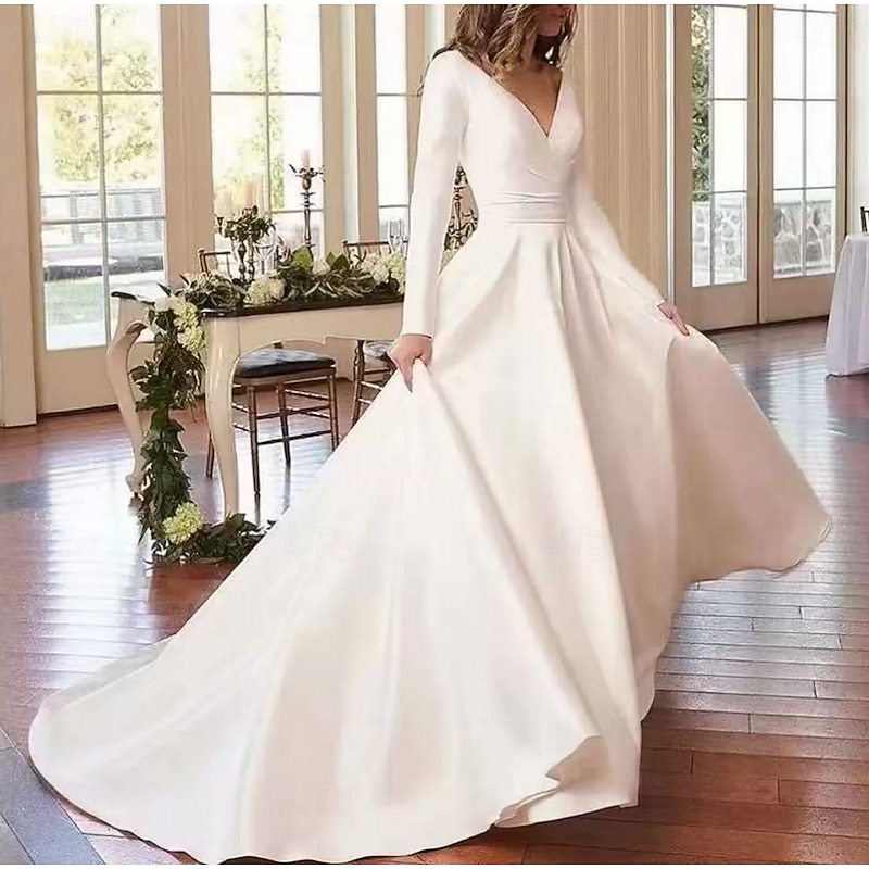 Hall Formal Boho Wedding Dresses Ball Gown V Neck Long Sleeve Chapel Train Jersey Bridal Suits Bridal Gowns With Ruched3