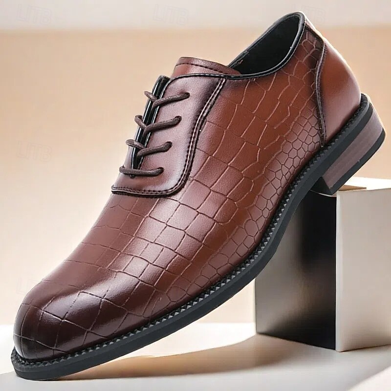 Men's Brown Faux Leather Crocodile-Embossed Oxford Shoes - Stylish & Sophisticated for Casual & Formal Wear2