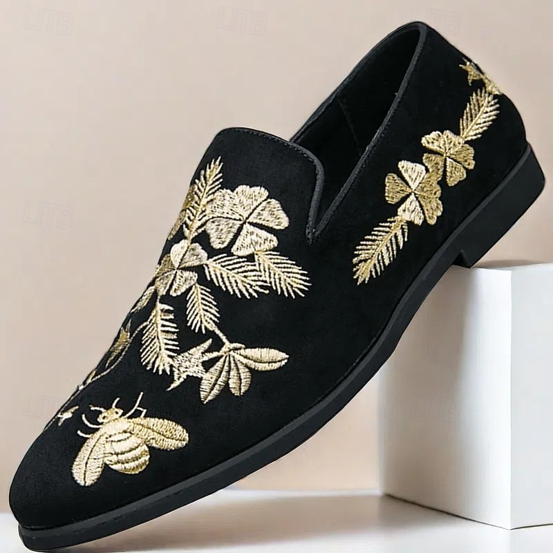 Men's Black Suede Slip-On Loafers with Gold Floral and Bee Embroidery – Elegant Casual Shoes for Weddings, Parties and Formal Events