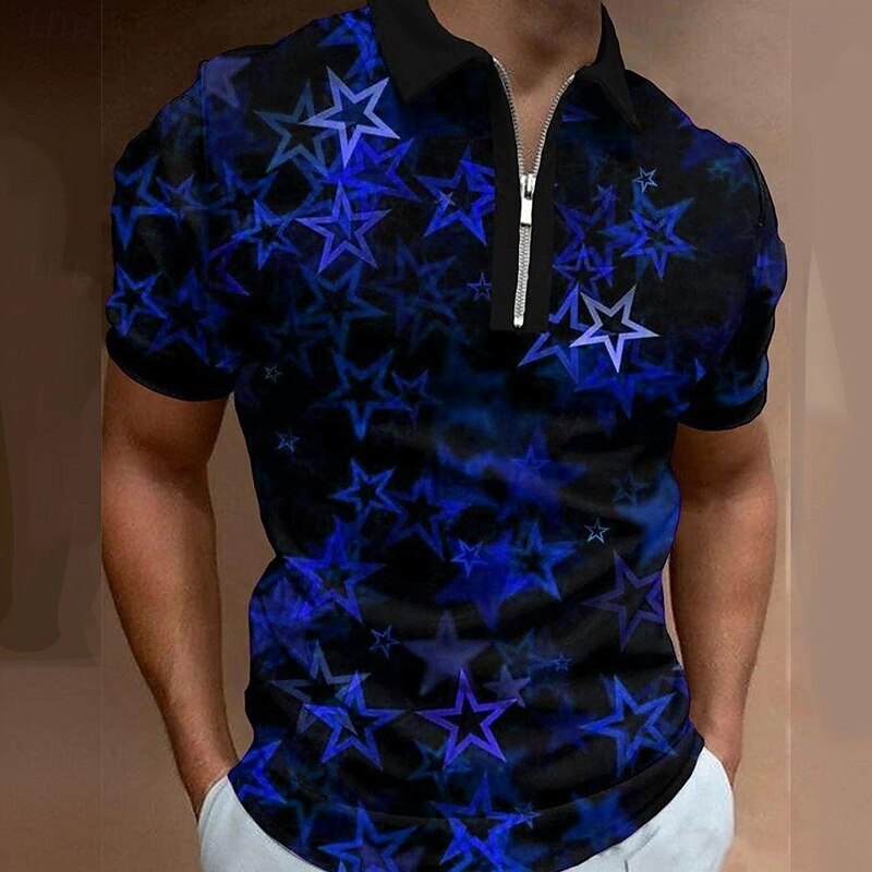 Men's Geometric Star Zip Polo Short Sleeve Turndown Casual Daily Outdoor Dailywear Athleisure Zipper Summer Violet Red Blue3