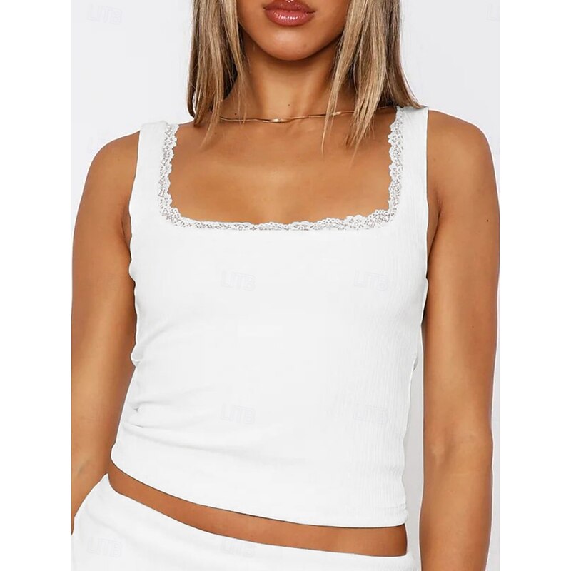 Women's Camisole Tank Top Solid Color Stylish Casual Sleeveless Square Neck Regular Tops Daily Lace Backless Patchwork Black White Pink Red Green Summer Spring3
