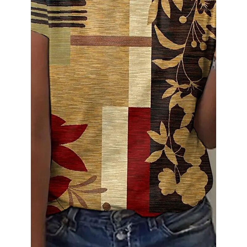 Women's T Shirt Geometric Plants Casual Short Sleeve Round Neck Regular Tops Daily Print Red Summer2