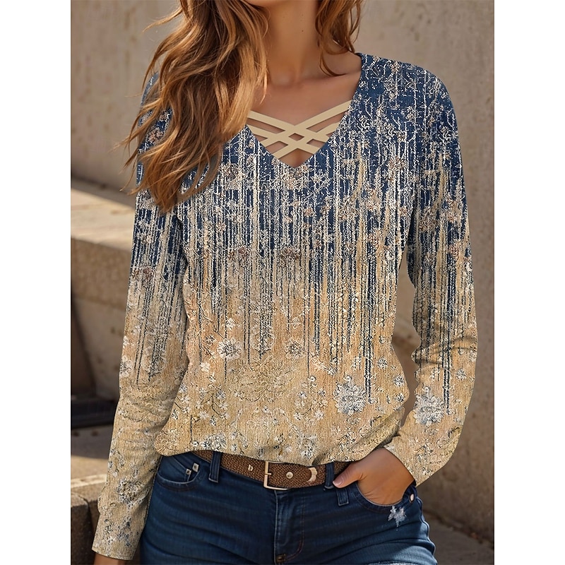 Women's T shirt Long Sleeve Graphic Gradient Casual Long Sleeve V Neck Regular Tops Daily Cut Out Print Khaki Spring Fall Prefall