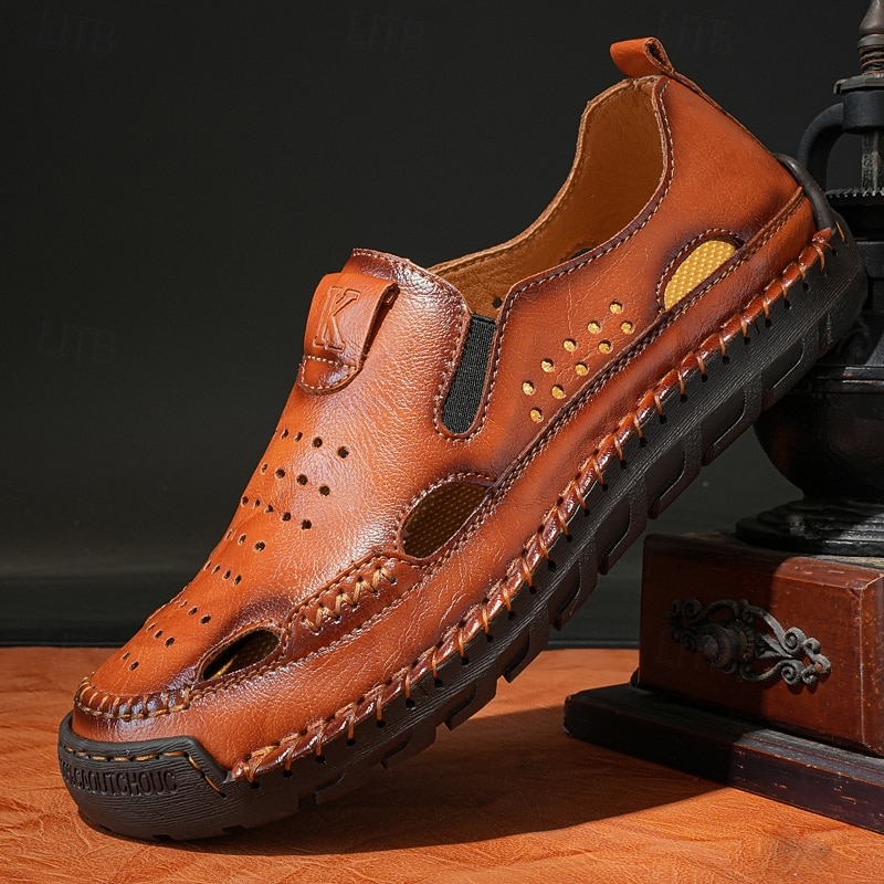 Men's Brown Leather Slip-On Sandals with Perforated Detailing and Stretch Panels – Comfortable and Stylish for Casual Wear, Outdoor and Summer Activities